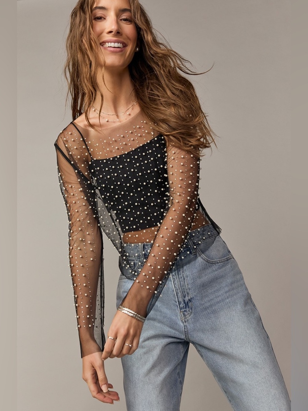 Amazon Black Sheer Mesh Pearl-Embellished Long-Sleeve Blouse Top XL